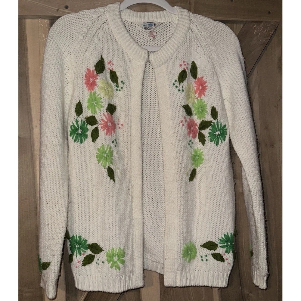 Vintage Women's Miss Holly 60s White Floral Embroidered‎ Cardigan Sweater Small
